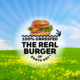 The Real Burger of Earth Day logo with a burger floating in front of blue sky and green field with yellow flowers.