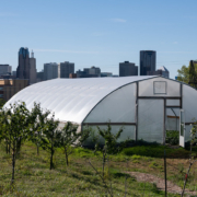 high tunnel in front of urban skyline under blue sky