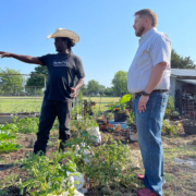 Two people stand talking outdoors under blue sky among crop plants.
