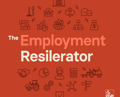 Graphic logo for the Employment Resilerator, with drawn icons of agricultural images