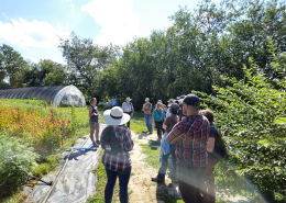A tour group stands in a field of plants, listening to speaker, with trees and high tunnel in background.