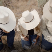 top view of three kneeling people in straw hats, holding plastic bottles and looking at phone screen