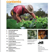 table of contents with photos of farmer working, vegetables, and person speaking into microphone