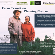 Farm transition planning course flier showing standing couple and course details