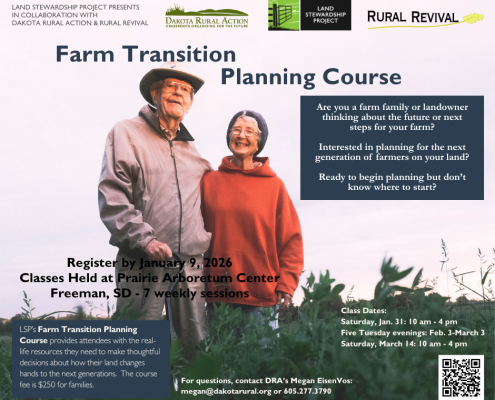 Farm transition planning course flier showing standing couple and course details