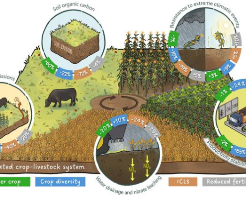 drawn graphic highlighting integrated crop-livestock system features