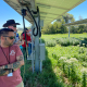 people touring an agrisolar site stand under solar panels among plants