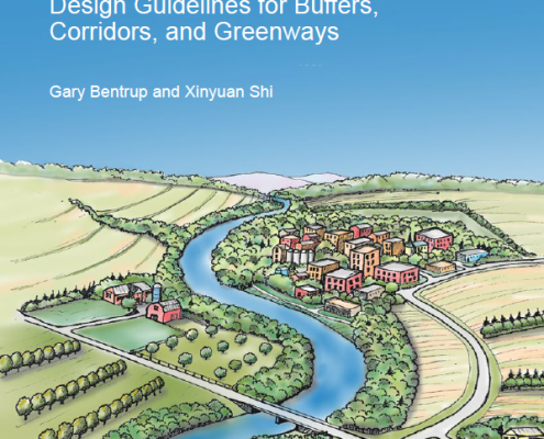 cover of Multifunctional Buffers, with drawing of buffered waterway winding through landscape