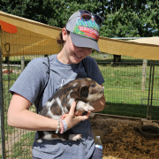 person in hat holding young piglet
