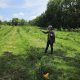 a person points across a meadow with rows of tree and shrub seedlings among the grass