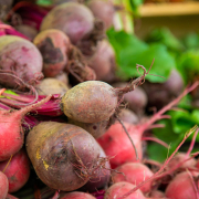 bundled red beets with tops