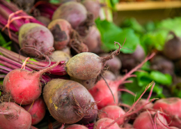 bundled red beets with tops
