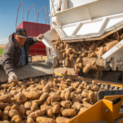 A person watches potatoes emptying from a truck into a bin outdoors