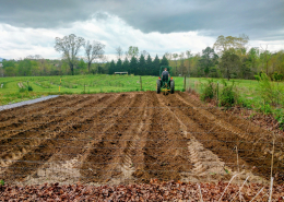 raised beds of soil with a person on a tractor going away at the far end, in front of farm field and forest landscape.