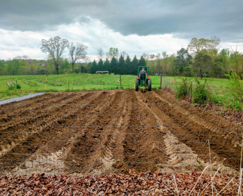 raised beds of soil with a person on a tractor going away at the far end, in front of farm field and forest landscape.