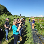 an audience stands at the edge of a field of flowers, listening to a speaker